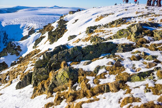 Scenic view of mountains against sky during winter