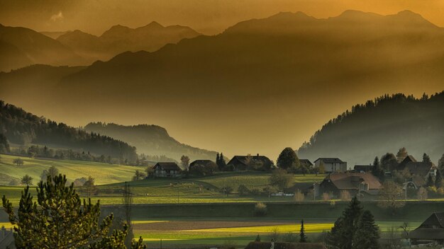 Scenic view of mountains against sky during sunset