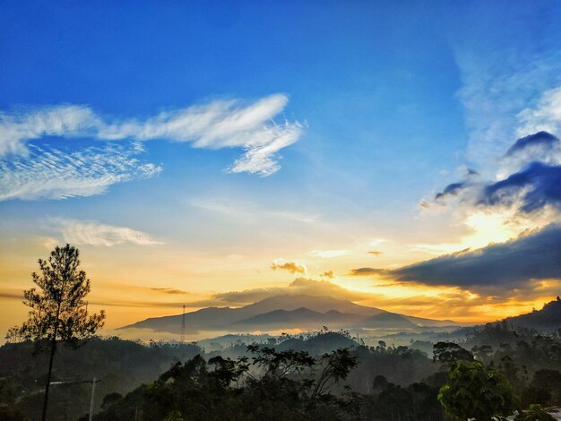 Scenic view of mountains against sky at sunset