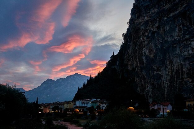 Scenic view of mountains against sky at sunset