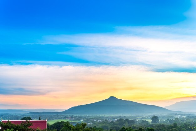 Scenic view of mountains against sky at sunset