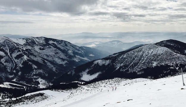 Scenic view of mountains against sky during winter