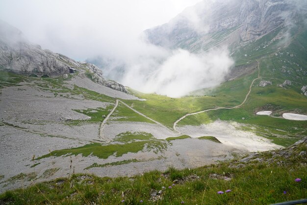 Scenic view of mountains during foggy weather