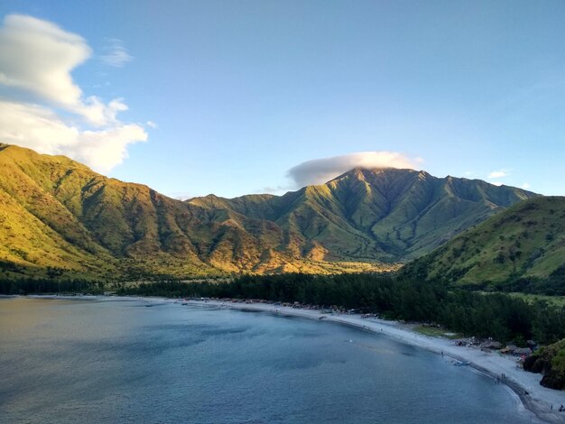 Scenic view of mountains and sea against sky