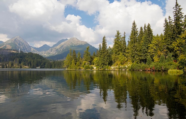 Scenic view of mountains and trees reflection in strbske pleso lake