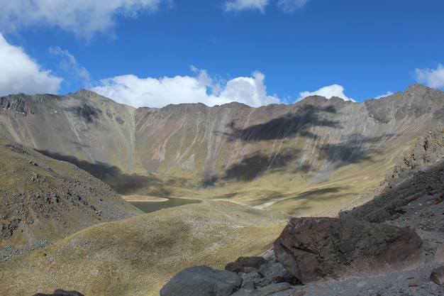 Scenic view of mountains and valley against sky