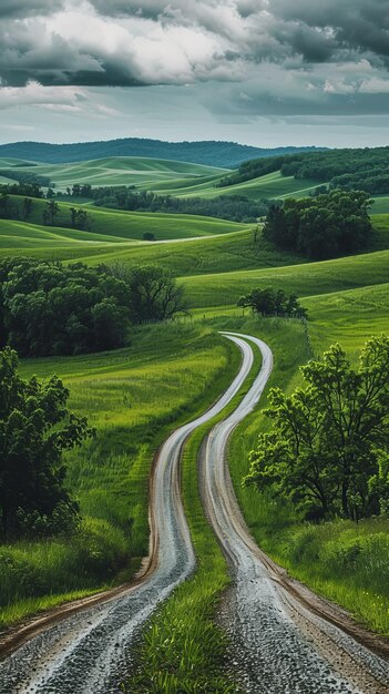 写真 緑 の 丘 を 曲がる 田舎 の 道路 の 景色