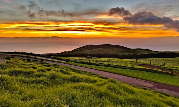 写真 夕暮れの空を背景にした田舎の景色