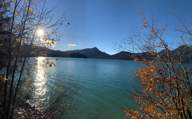 写真 秋の空に照らされた湖の景色