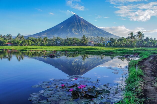 写真 空に照らされた湖の景色