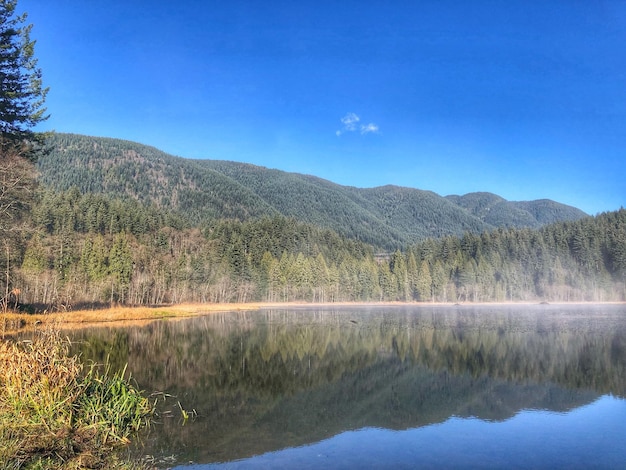 写真 青い空を背景に湖と山の景色