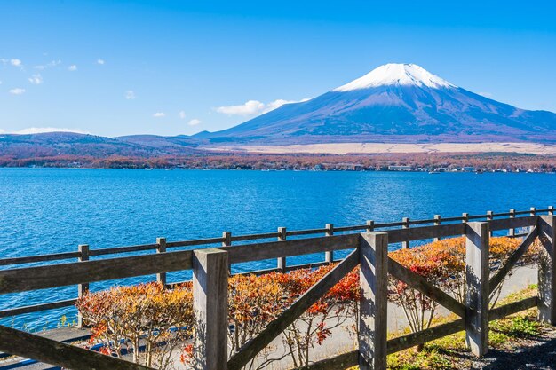 写真 青い空を背景に湖と山の景色