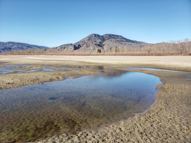 写真 澄んだ青い空に照らされた湖と山の景色