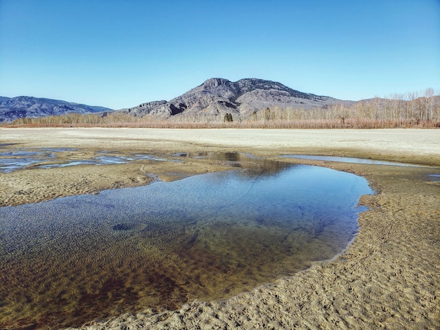 写真 澄んだ青い空に照らされた湖と山の景色