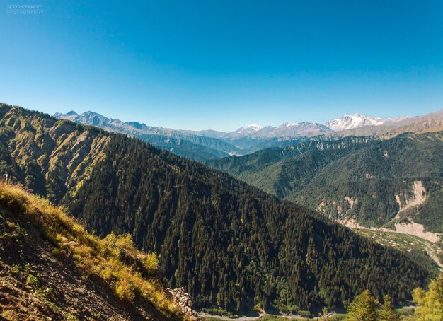 写真 晴れた空に囲まれた山の景色