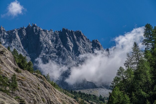 写真 雲の空に囲まれた山の景色