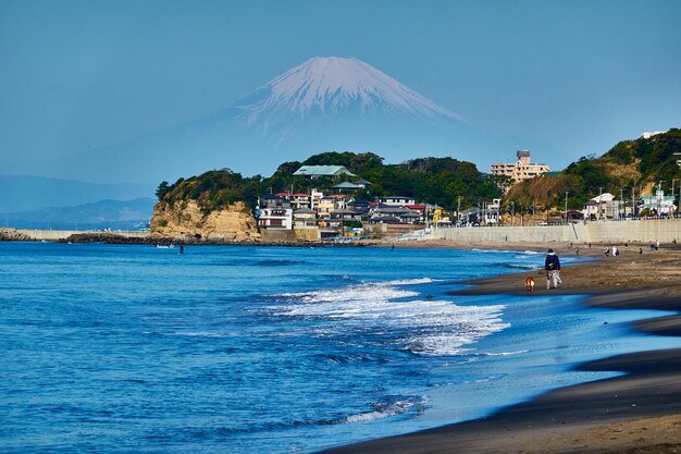 写真 青い空に照らされた海と建物の景色