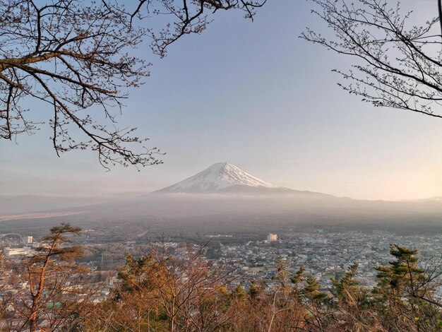 写真 空に照らされた雪に覆われた山の景色