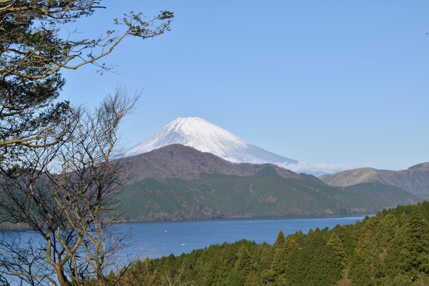 写真 晴れた空を背景に雪に覆われた山の景色