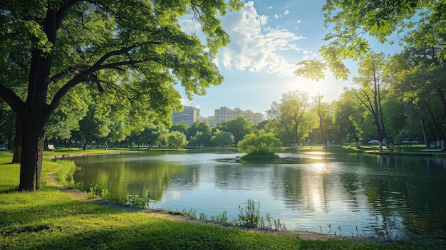 Scenic view of the park in the center of the big city in the summer With a lagoon in the middle and green trees In the atmosphere of evening light