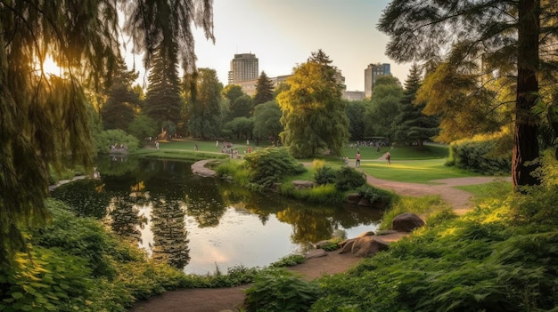 夏の大都市の中心にある公園の景色