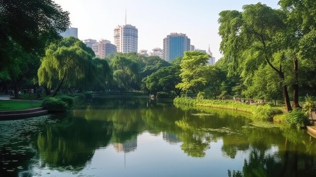 Scenic view of the park in the center of the big city in the summer