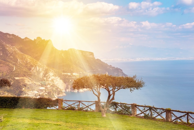 Scenic view of a park in Ravello overlooking Amalfi coast in Italy