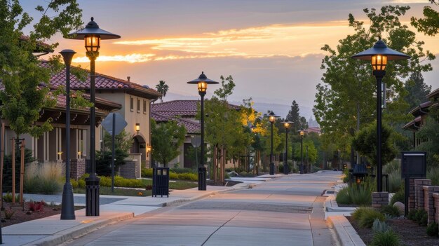 A scenic view of a quiet residential street lined with charming solarpowered streetlights that emit