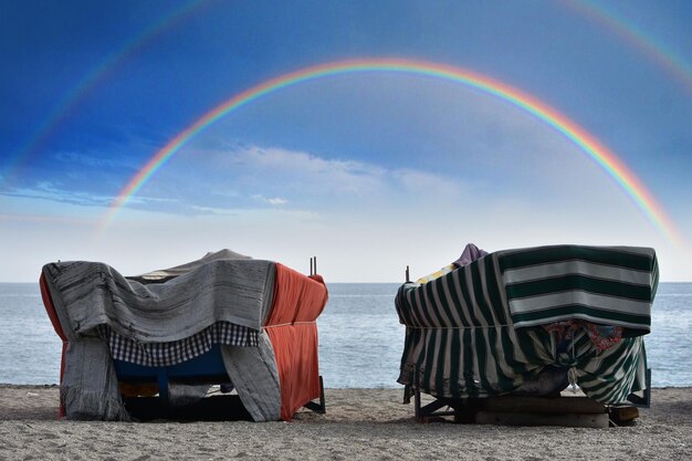 Scenic view of rainbow over beach against sky