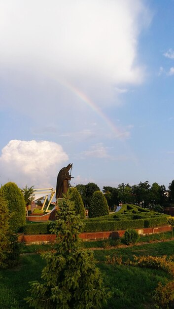 Scenic view of rainbow over field against sky