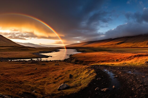 Foto vista panoramica dell'arcobaleno sul lago contro il cielo