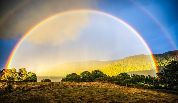 Photo scenic view of rainbow over landscape against sky