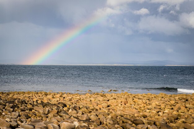 Scenic view of rainbow over sea against sky