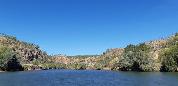 Scenic view of river against clear blue sky