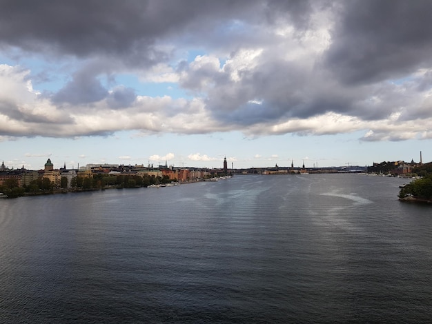 Scenic view of river against cloudy sky