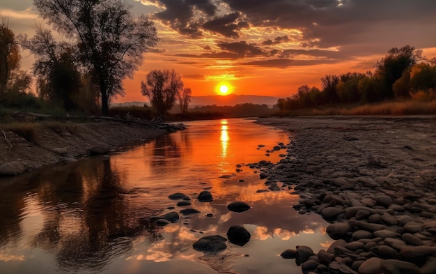 日没時の空を背景にした川の美しい景色 生成 AI