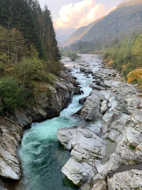 Scenic view of river amidst mountains