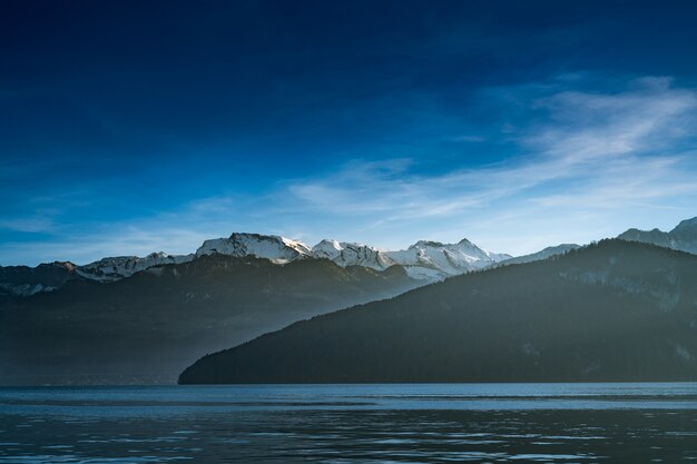 Scenic view of river by mountain against sky in Switzerland