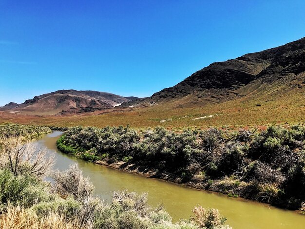 Scenic view of river by mountains against clear blue sky