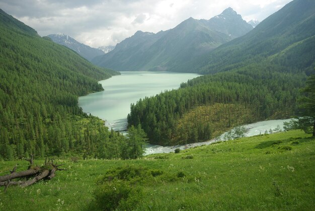 Scenic view of river by mountains against sky