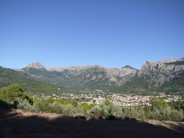 Scenic view of river and mountains against clear blue sky