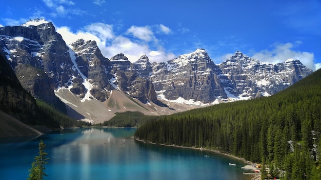 Scenic view of river and mountains against sky