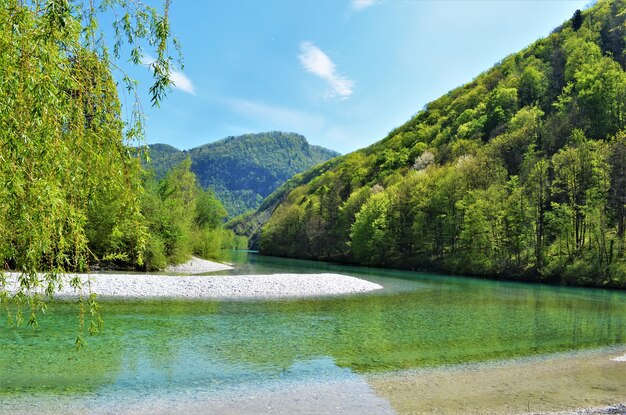 Scenic view of river and mountains against sky