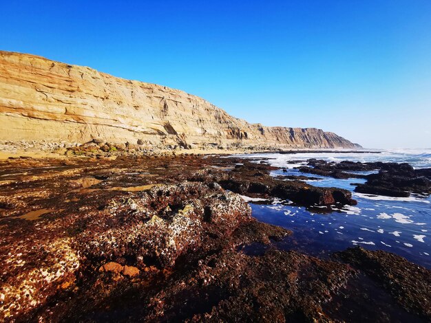 Scenic view of rock formation against clear blue sky