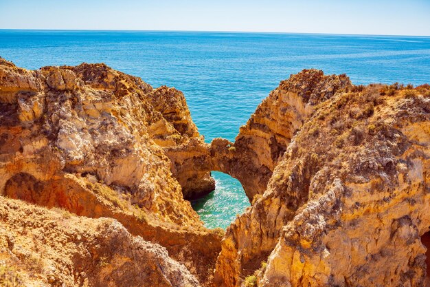 Scenic view of rock formation in sea against sky