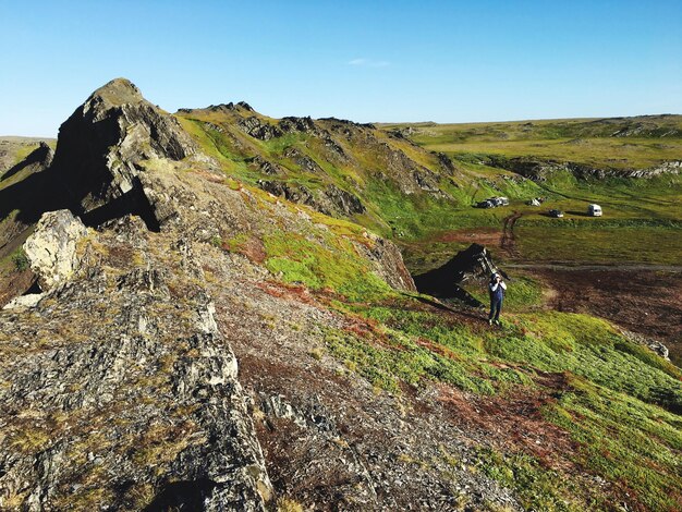 Scenic view of rocks against clear sky