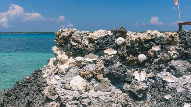 Scenic view of rocks on beach against sky