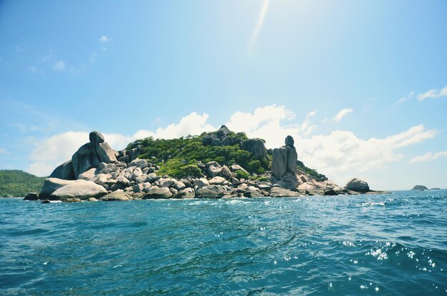 Scenic view of rocks in sea against sky