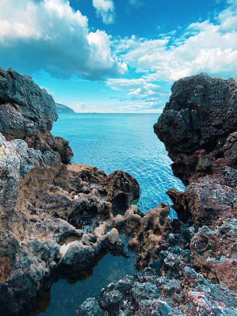 Scenic view of rocks in sea against sky