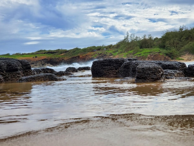 Scenic view of rocks in water against sky